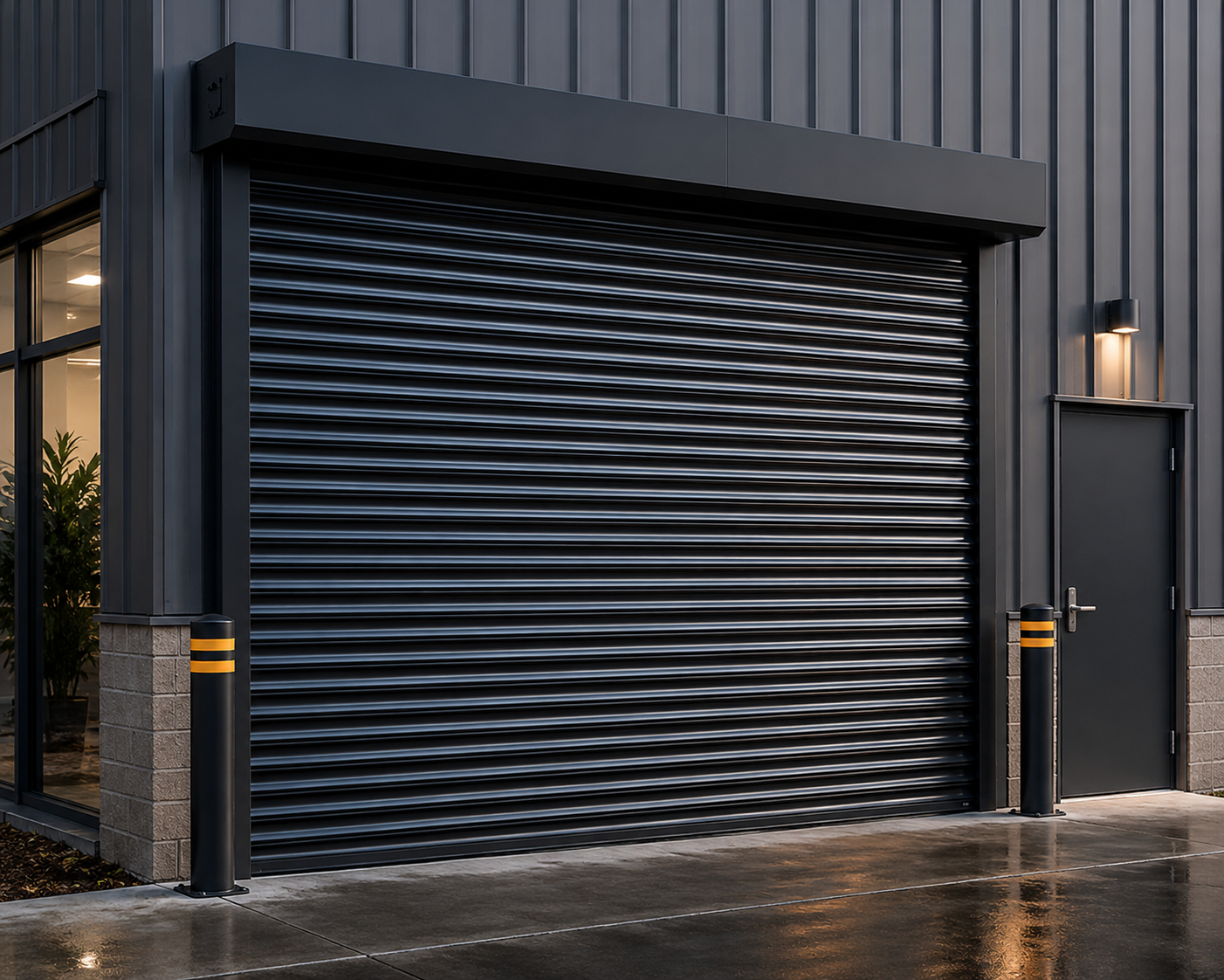Black roll-down security shutter on a commercial building entrance