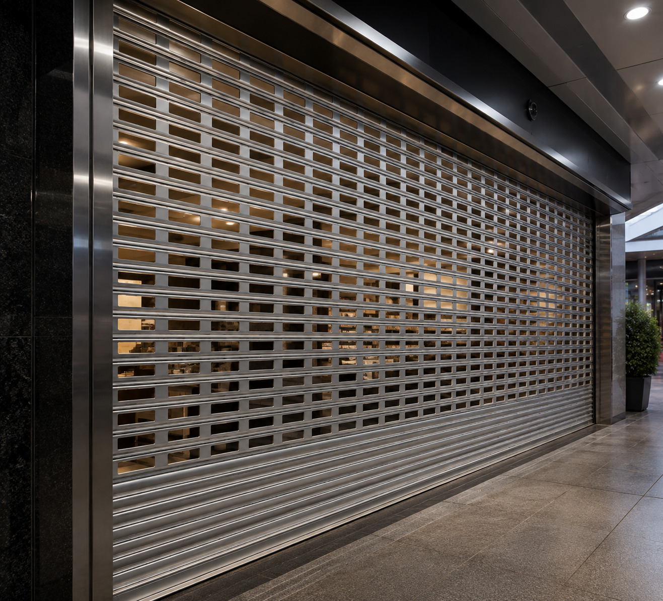 Perforated aluminum roll-down security shutter closed over a storefront