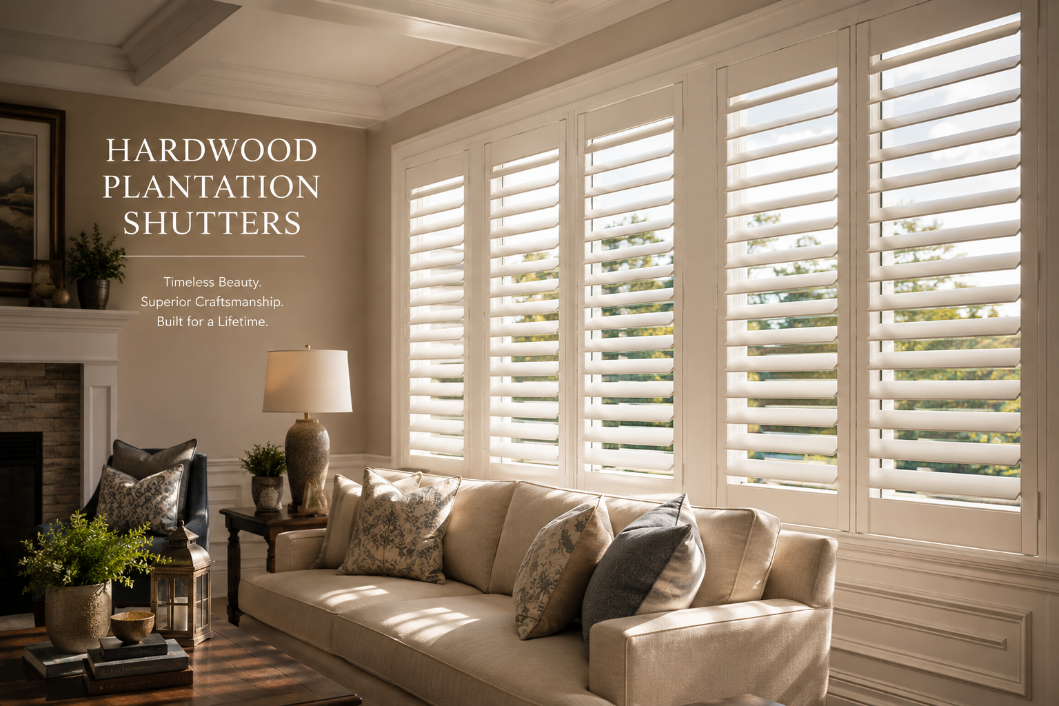 White hardwood plantation shutters in a living room with text: Timeless Beauty. Superior Craftsmanship. Built for a Lifetime.