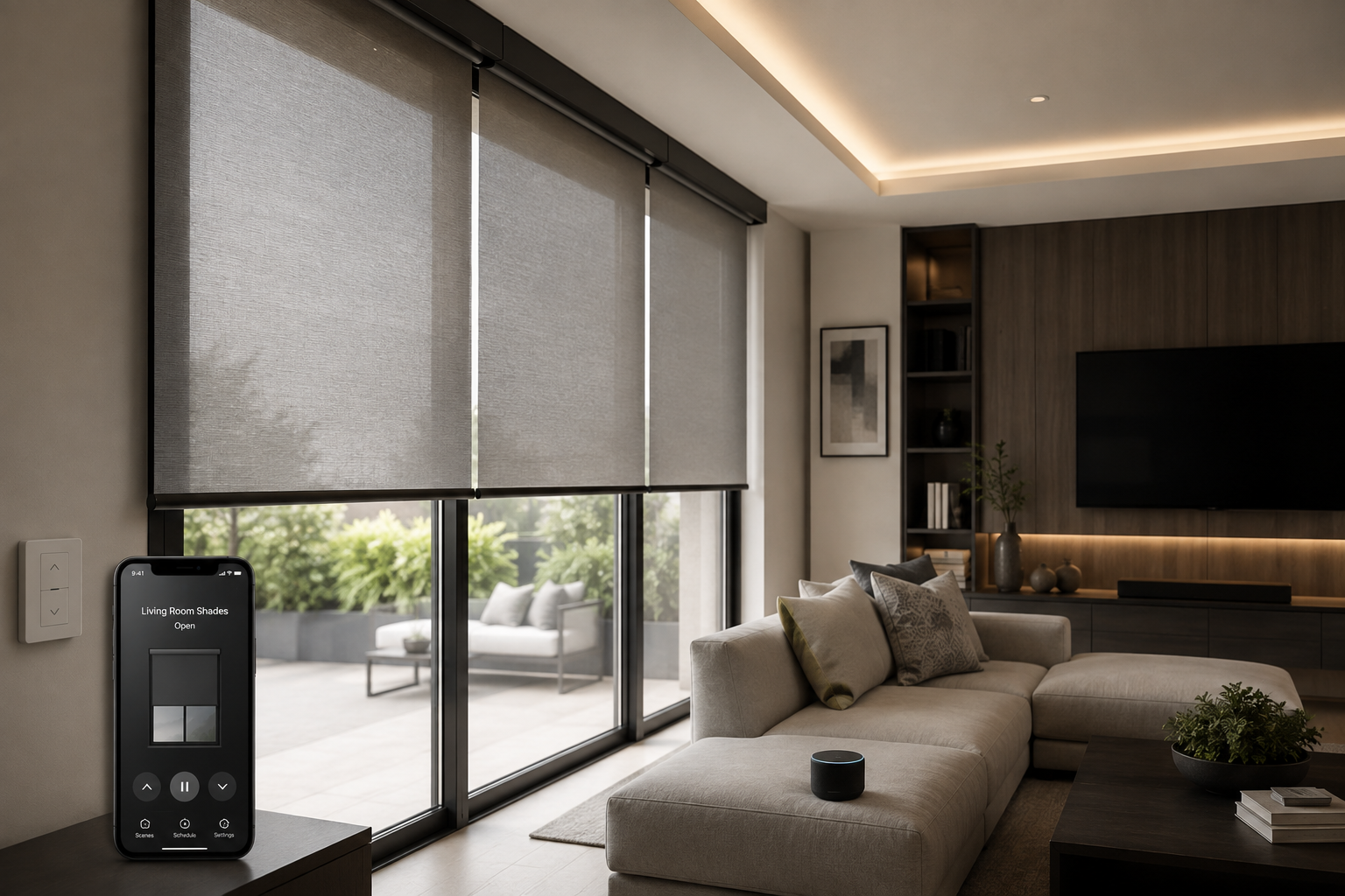 Motorized shades on patio doors with a smartphone app used to control them