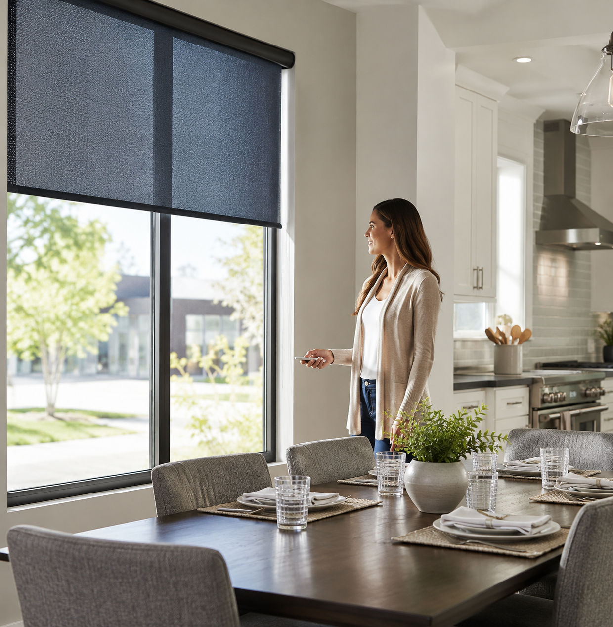 Woman using a remote to lower a motorized roller shade in a dining room