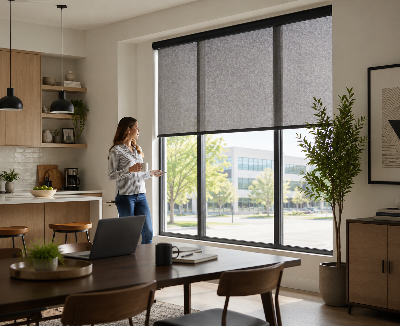 Woman with coffee beside a motorized solar shade on a large kitchen window