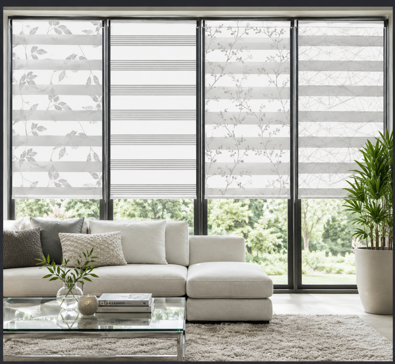Designer zebra shades with a leaf pattern on floor-to-ceiling living room windows
