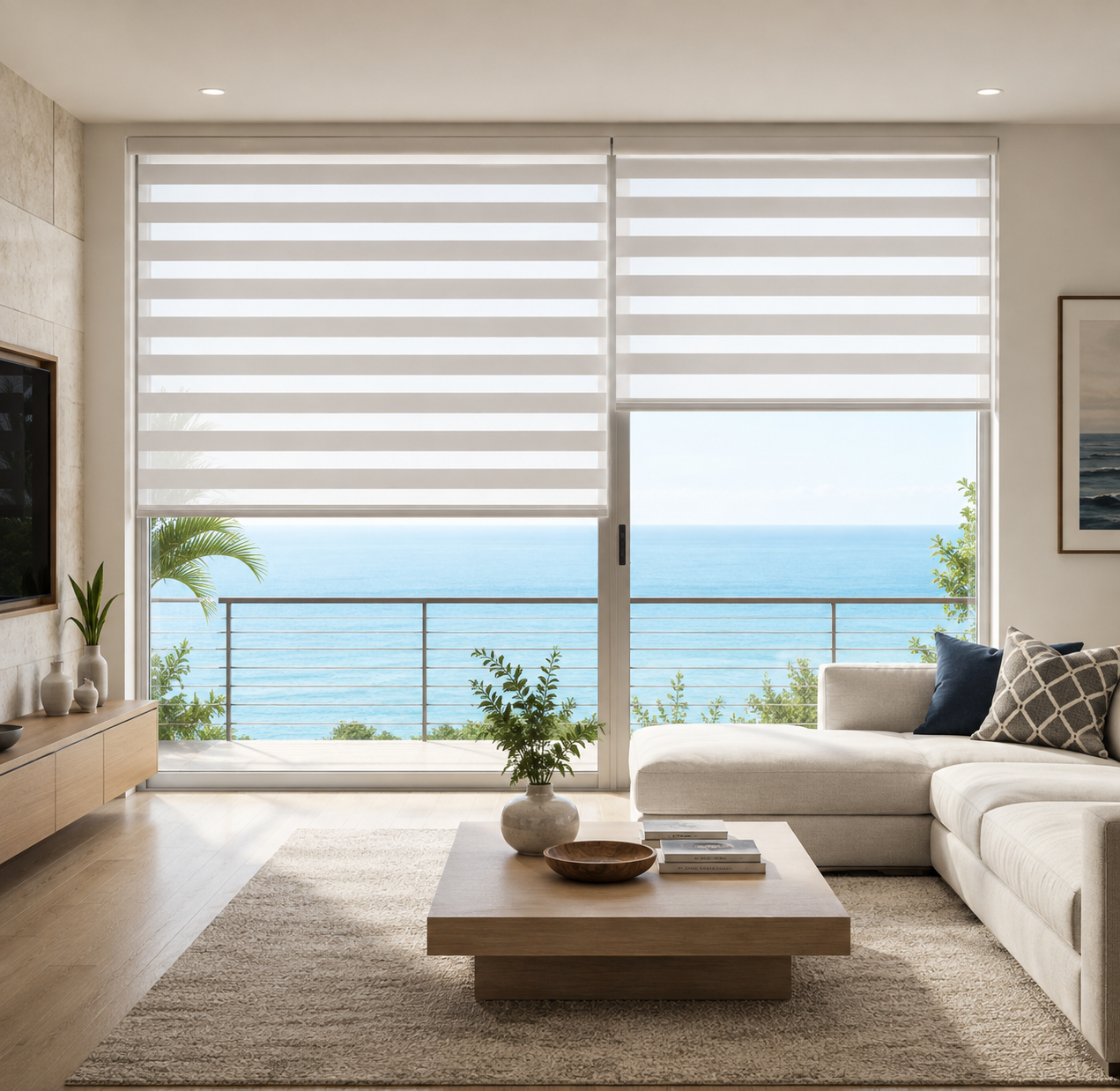 White classic zebra shades on patio doors overlooking the ocean