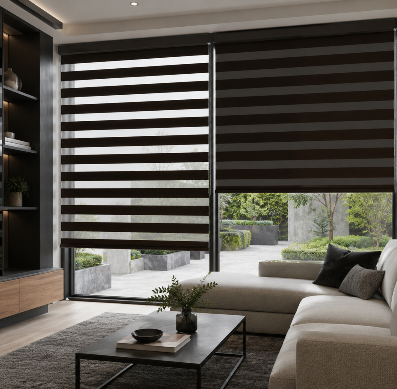 Dark blackout zebra shades on large living room windows facing a patio