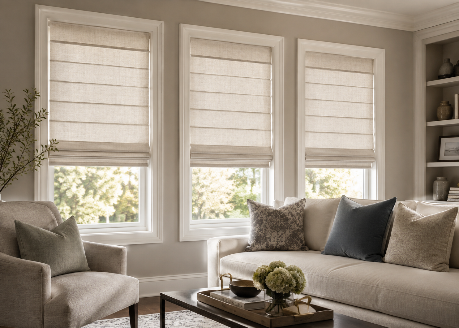 Classic Roman shades with layered folds on three living room windows