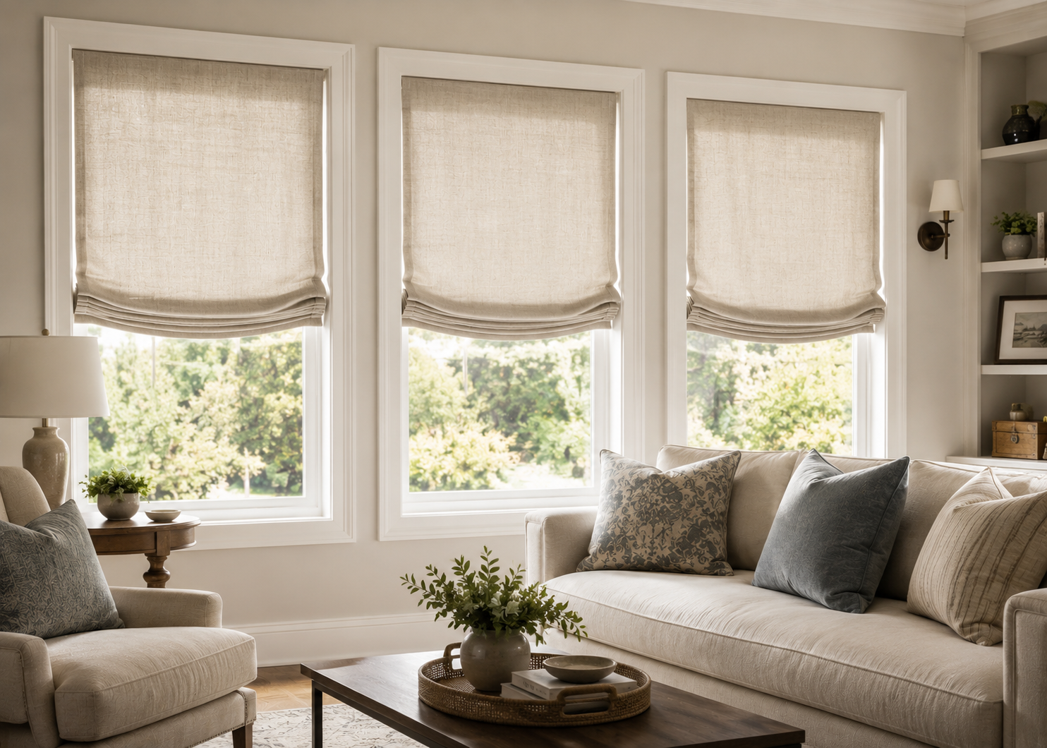 Relaxed Roman shades with soft curved folds on three living room windows