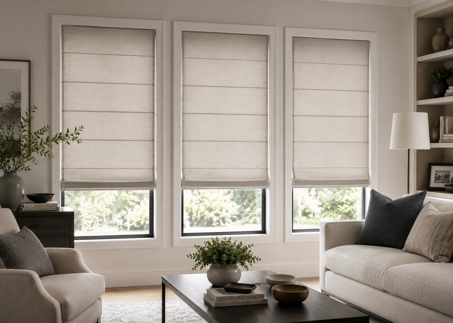 Flat-fold Roman shades in natural linen on three living room windows