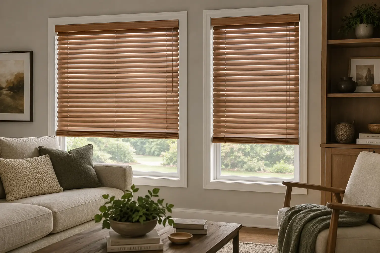 Wood-grain faux blinds on two living room windows