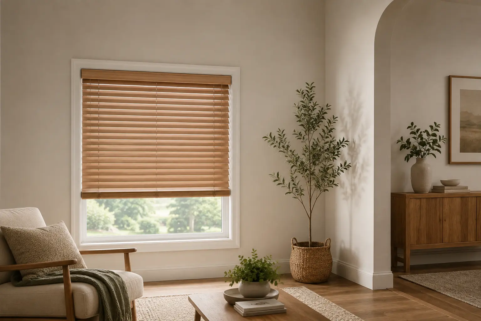 Faux wood blinds partly raised on a living room window
