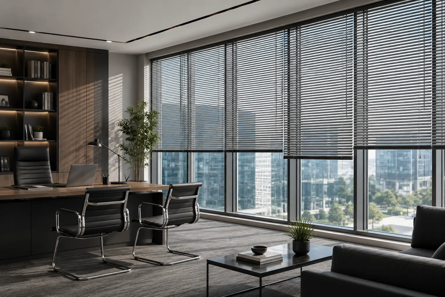 Aluminum blinds on floor-to-ceiling windows in an executive office