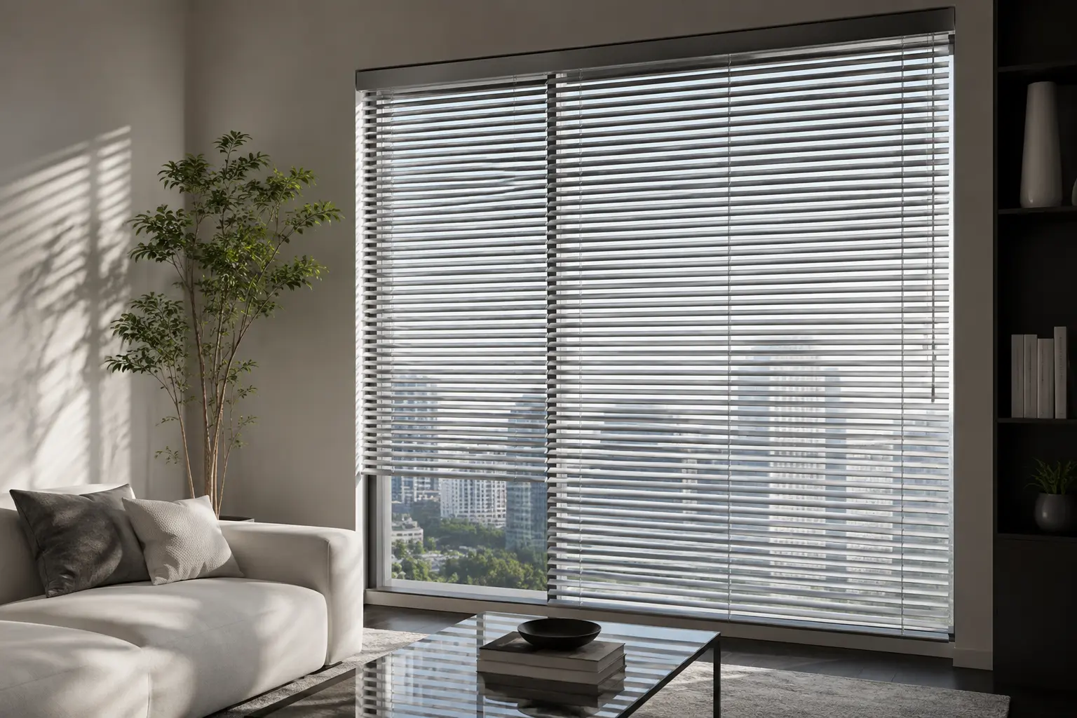 Silver aluminum blinds on a large living room window with a city view