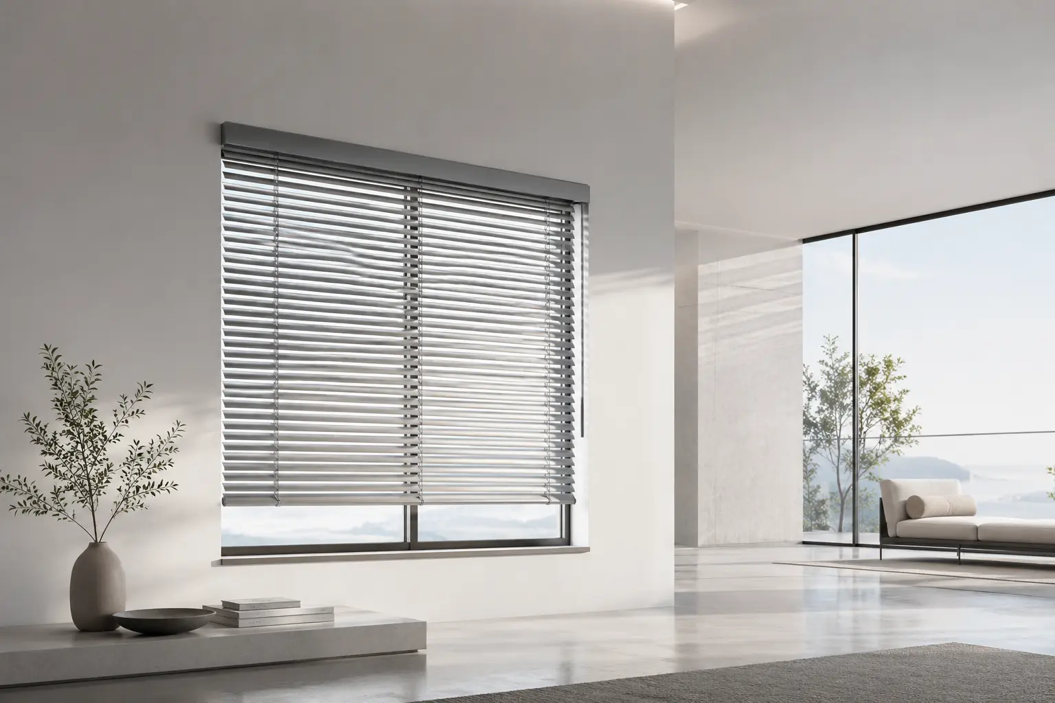 Gray aluminum blinds on a window in a bright minimalist living space
