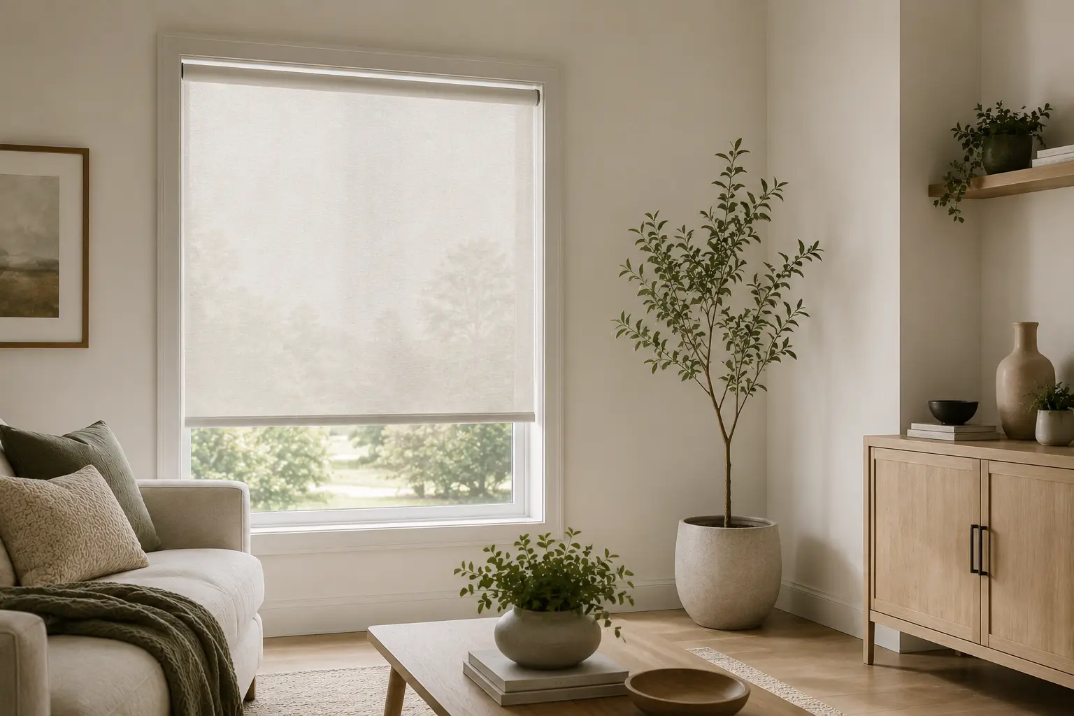 Light-filtering roller shade on a living room window