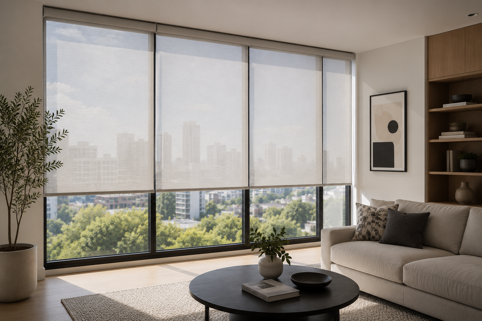 Solar screen shades on floor-to-ceiling living room windows with a city view