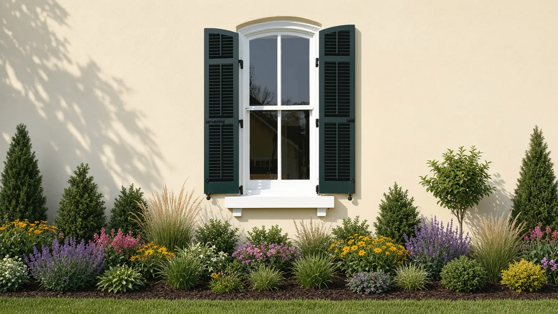 Home exterior window after adding dark green louvered shutters