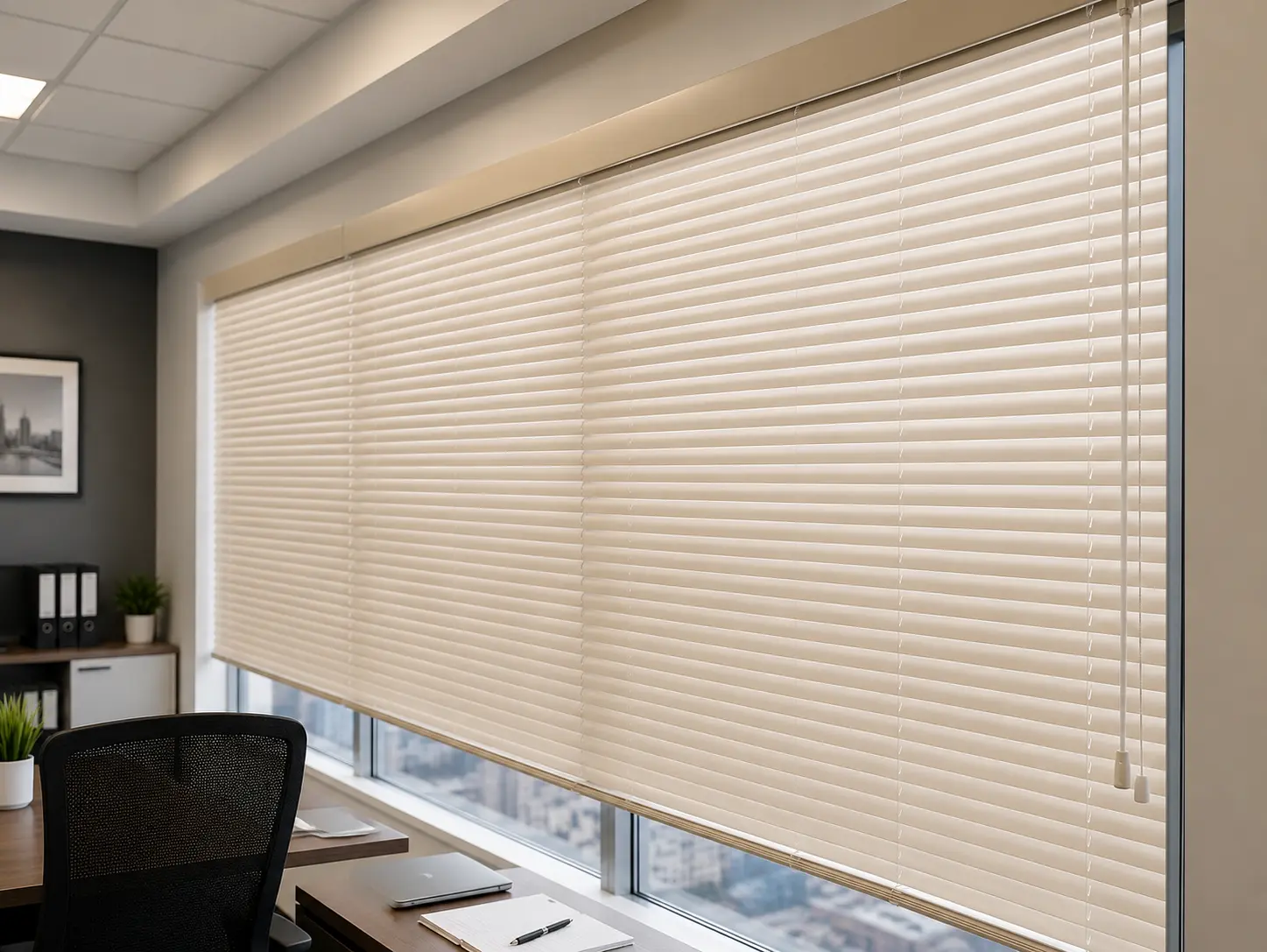 Cream horizontal blinds lowered across a large office window