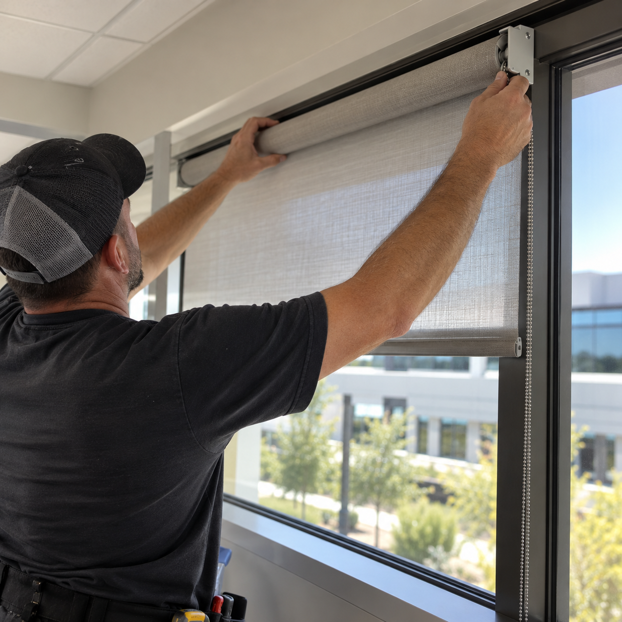 Installer mounting a roller shade at the top of a large window