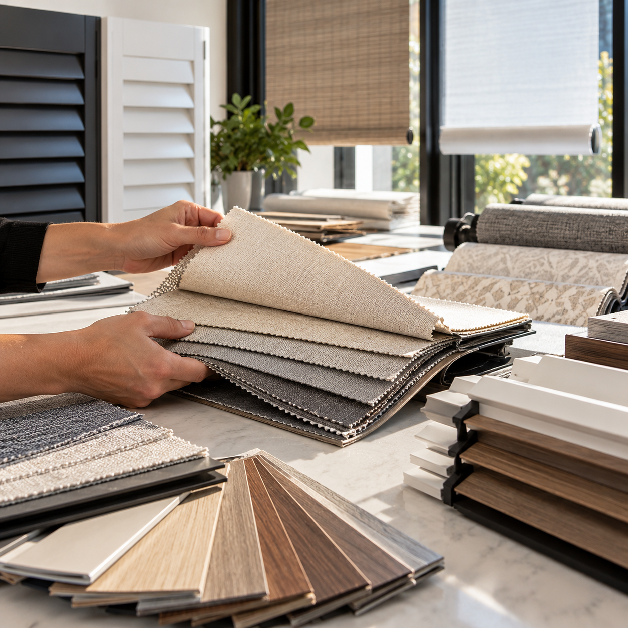 Hands reviewing neutral window shade fabric swatches