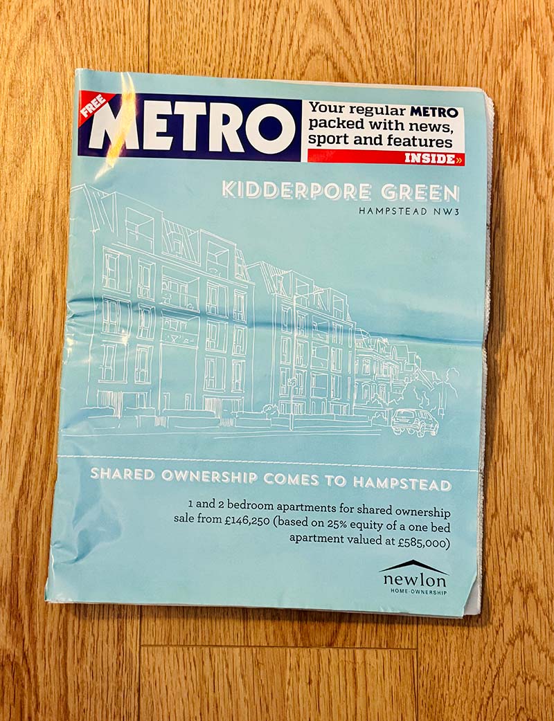 Front page of Metro newspaper featuring Kidderpore Green apartments with shared ownership info.