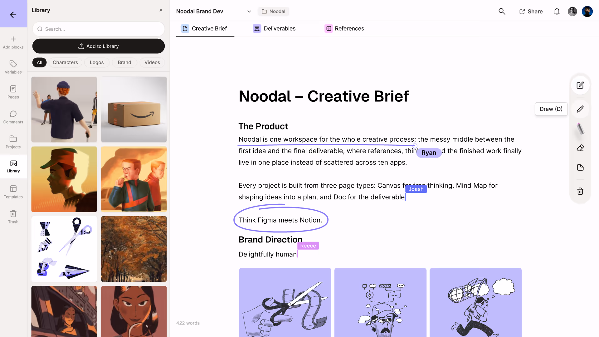 Noodal workspace showing a creative brief, reference library, and canvas