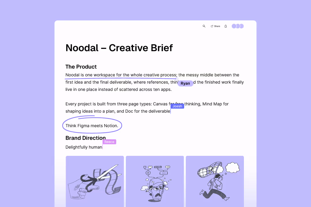 Noodal Documents with blocks, image grids, sketches, and notes with live collaboration.