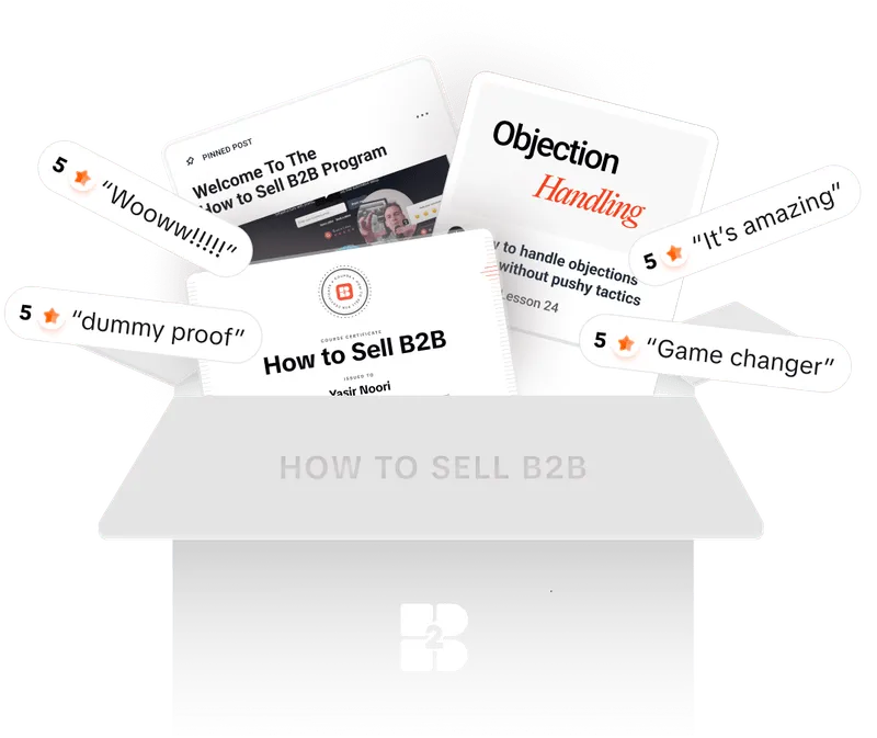 An open box labeled 'HOW TO SELL B2B' containing certificates and cards related to a B2B sales program with user review comments like 'Woooww!!!!!', 'dummy proof', 'It’s amazing', and 'Game changer'.