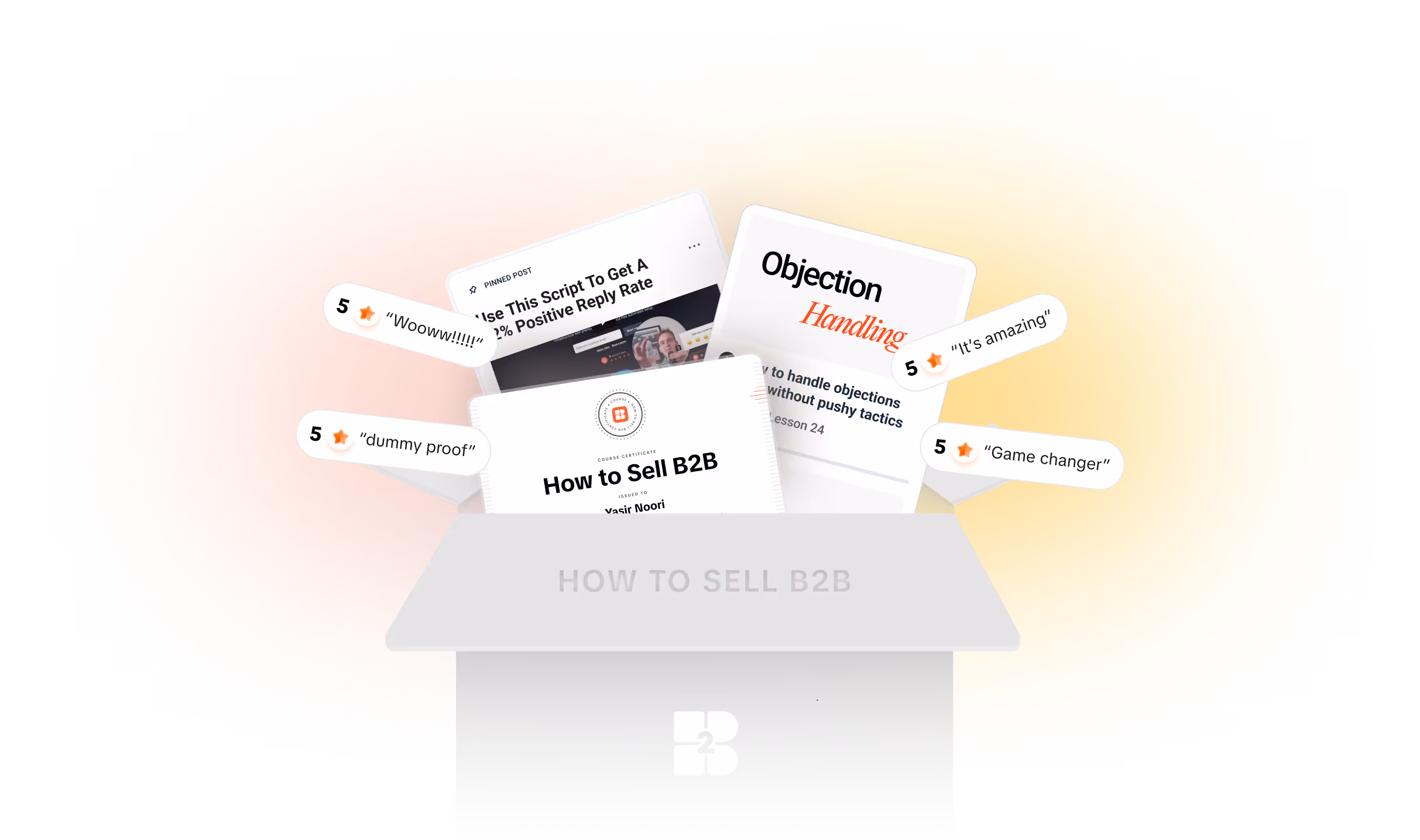 Open box labeled 'How to Sell B2B' containing certificates, lessons on objection handling, and star-rated positive reviews.