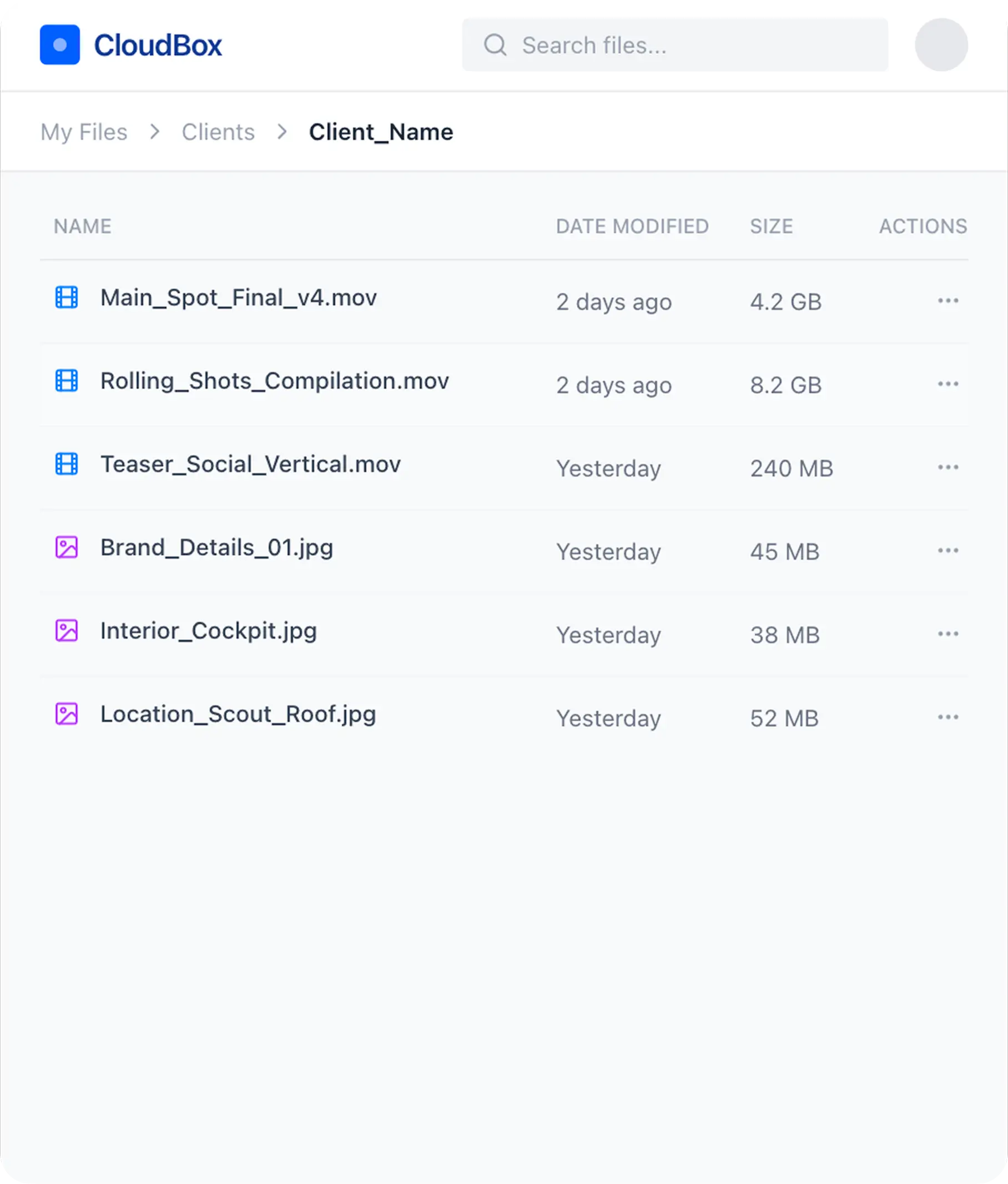 Cloud file manager showing client folder with video and image files and their sizes and modified dates.