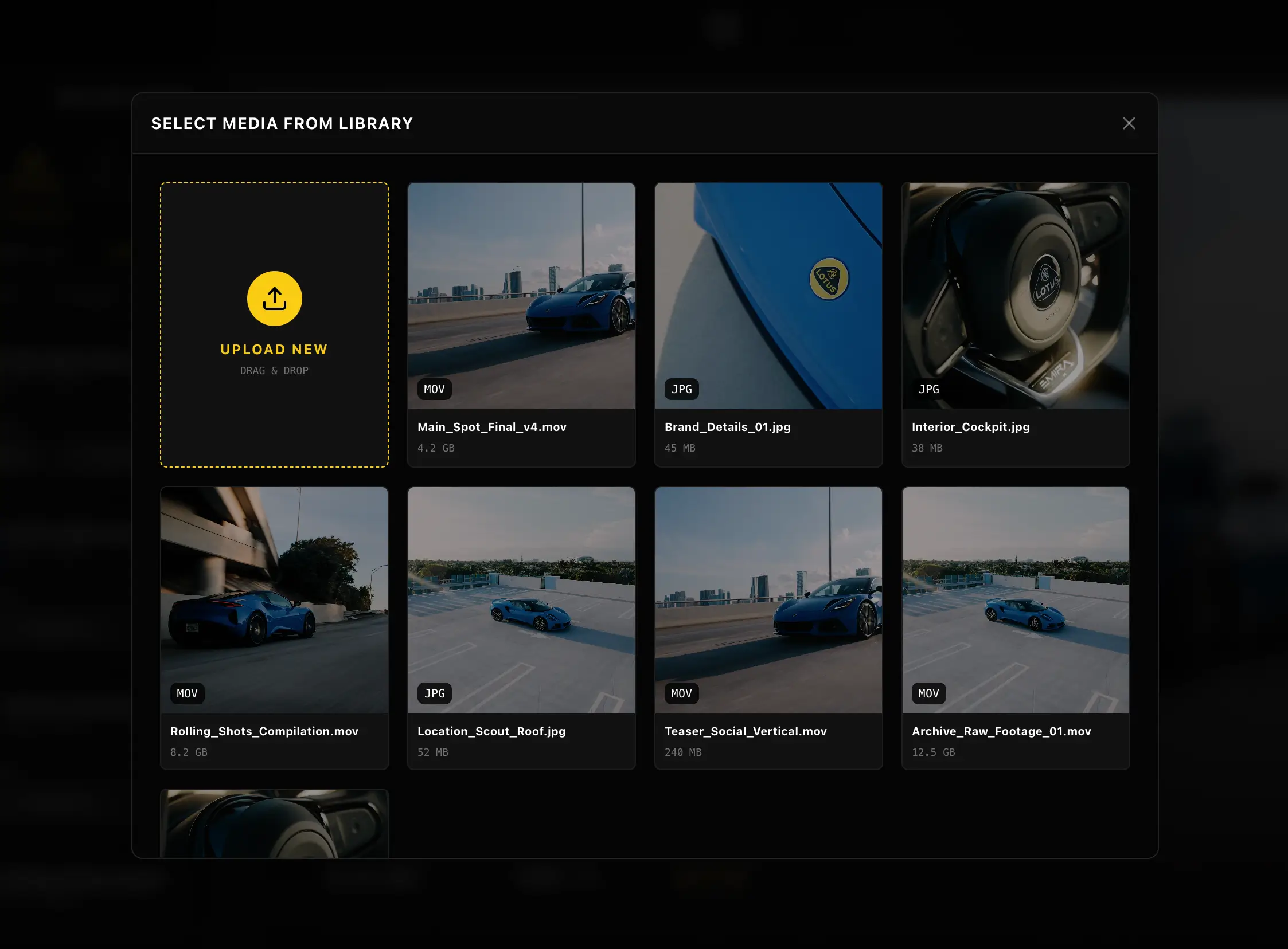 Media library interface showing car photos and videos with upload new option on left.
