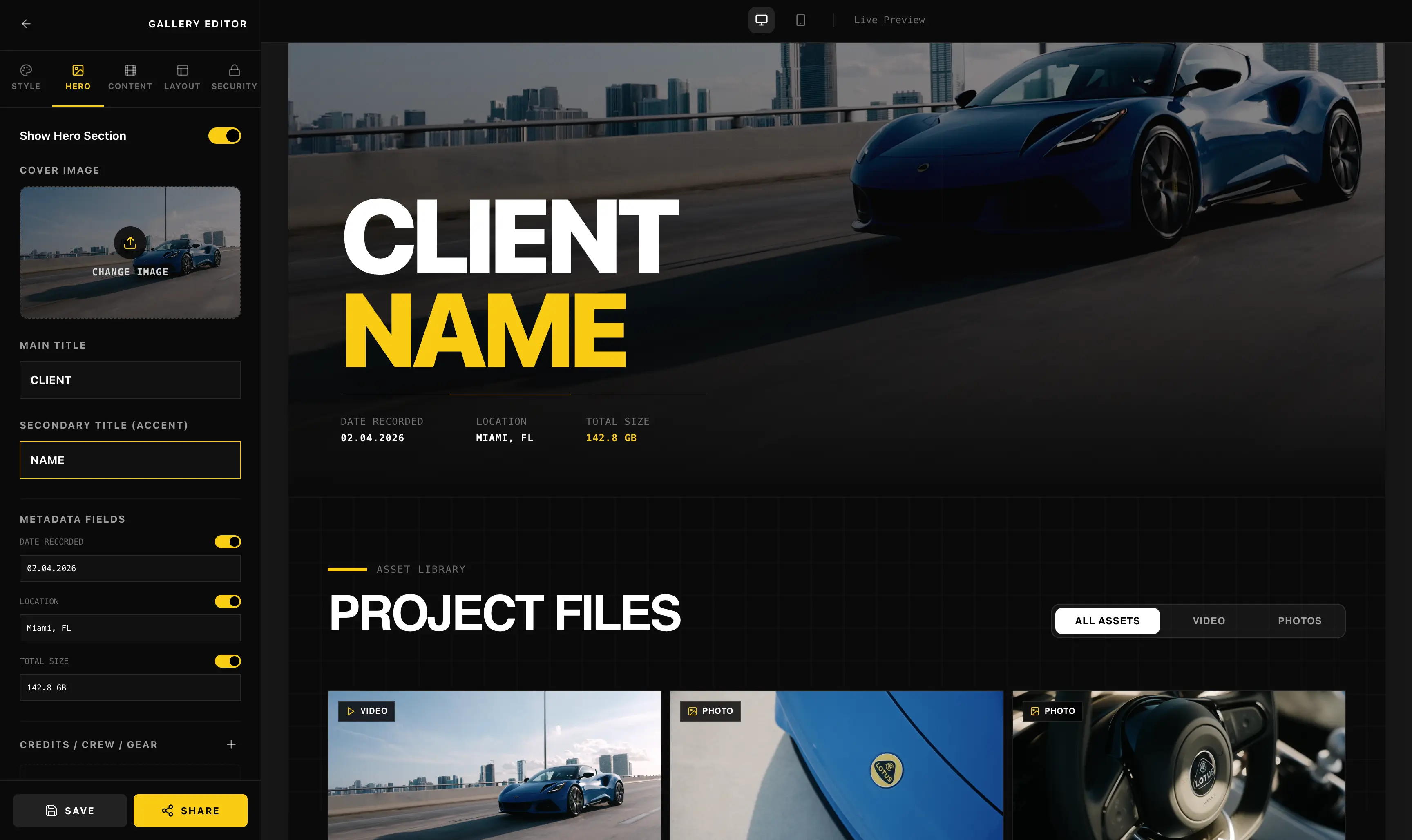 Gallery editor interface showing hero section with a blue sports car and project files in video and photo formats.