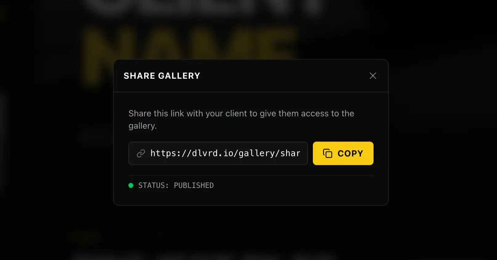 Popup window titled Share Gallery with a link and a yellow Copy button, status shows Published.