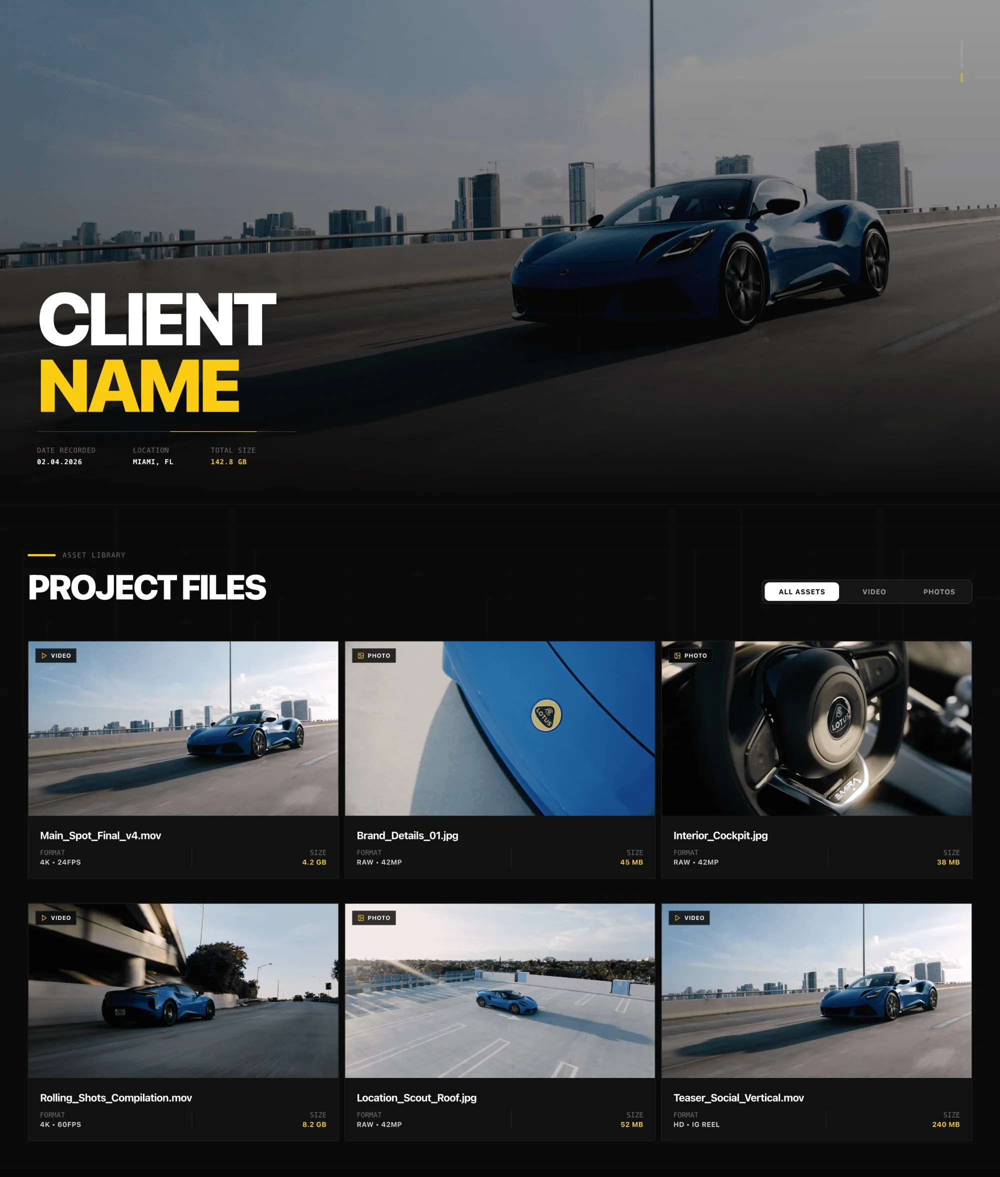 Digital asset library interface showing project files and a blue sports car driving in a cityscape.