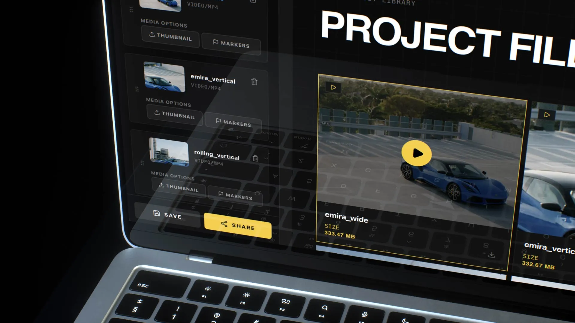 Gallery editor interface showing hero section with a blue sports car and project files in video and photo formats.