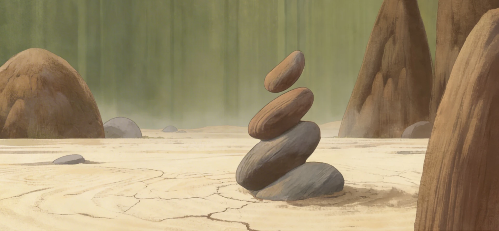 Stack of four balanced stones on cracked, dry ground with large rocky formations in background.