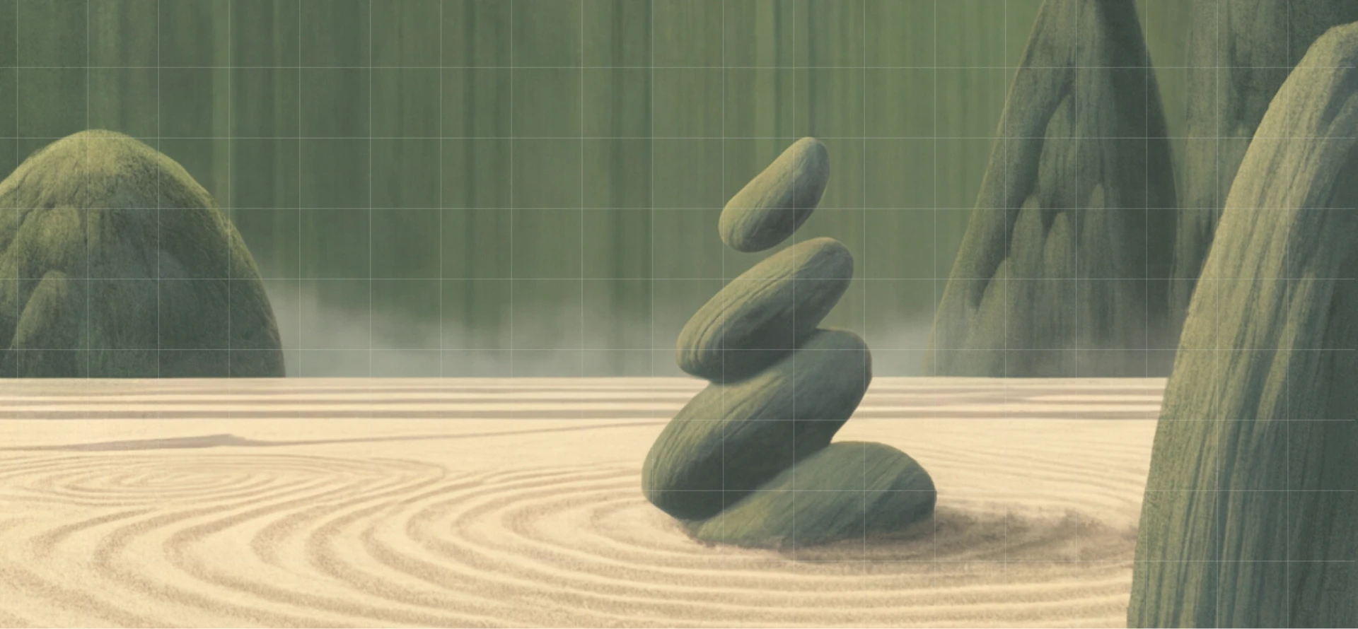 Zen garden with six green stones stacked and circles raked into white sand, surrounded by large rocks.