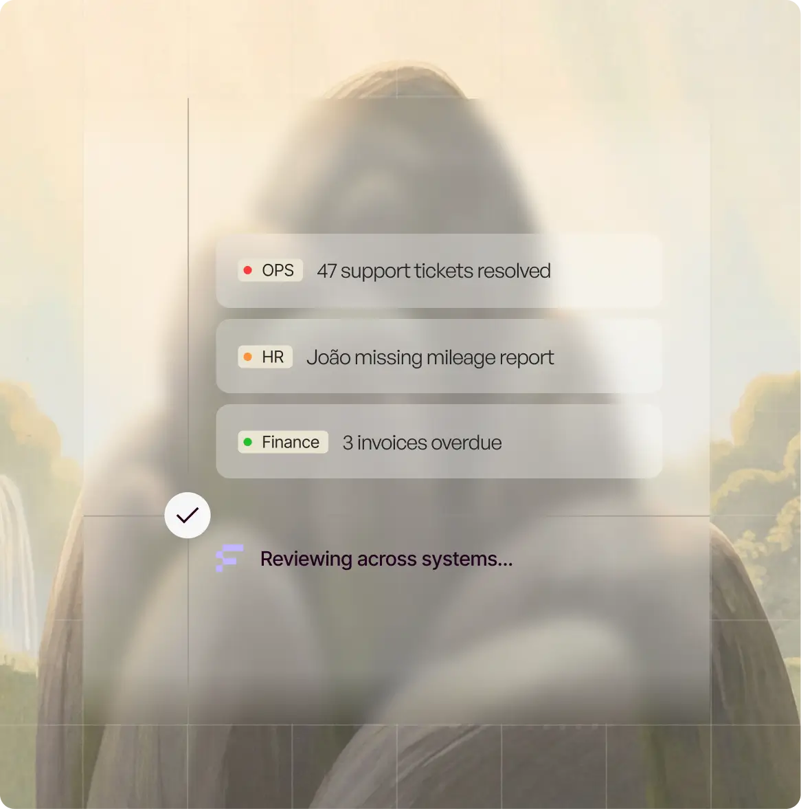 Screen showing OPS 47 tickets resolved, HR João missing report, Finance 3 overdue invoices, reviewing status.