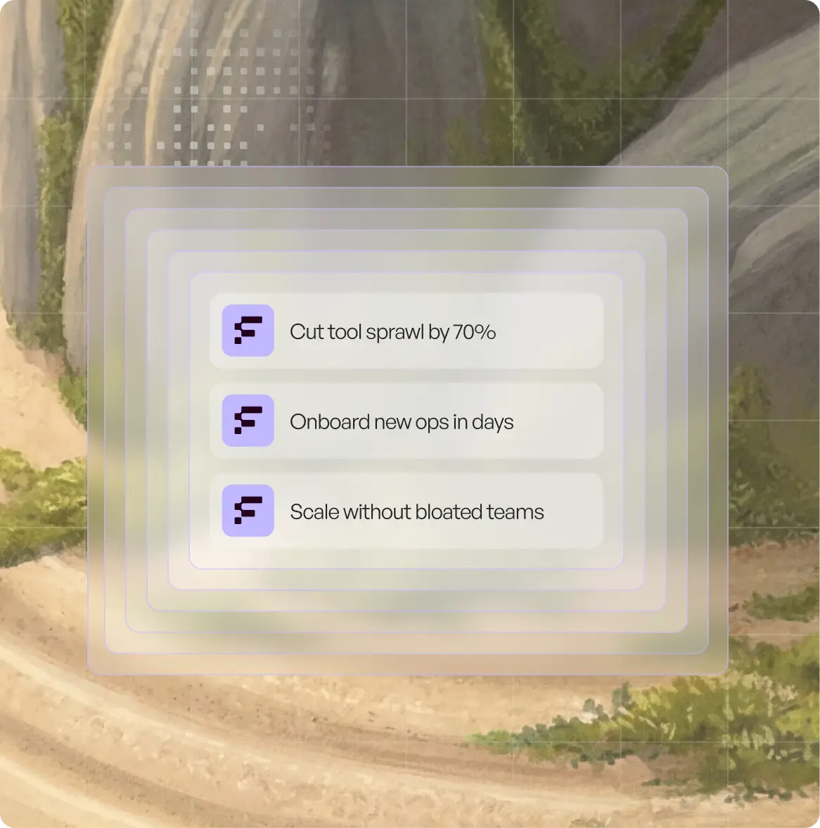 Three text boxes with icons stating cut tool sprawl by 70%, onboard new ops in days, scale without bloated teams.