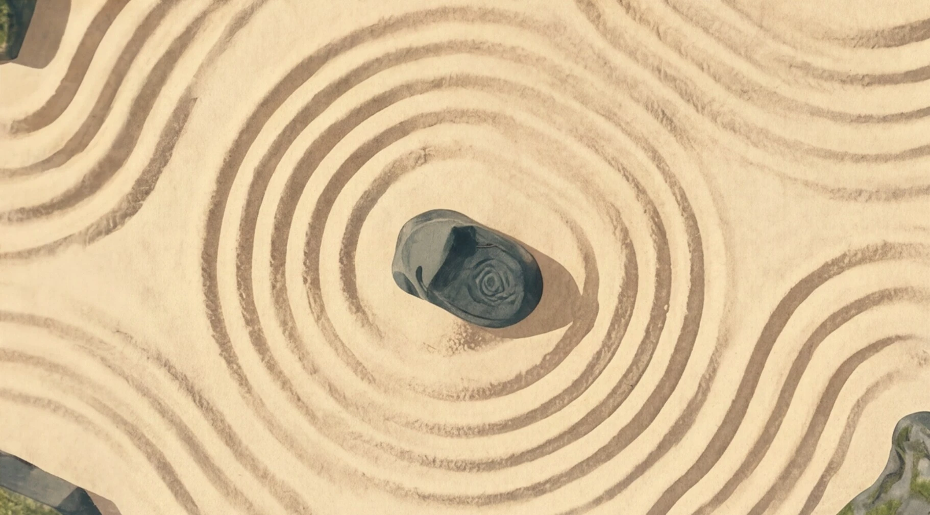 A single stone in the center of swirling concentric sand ripples in a zen garden.