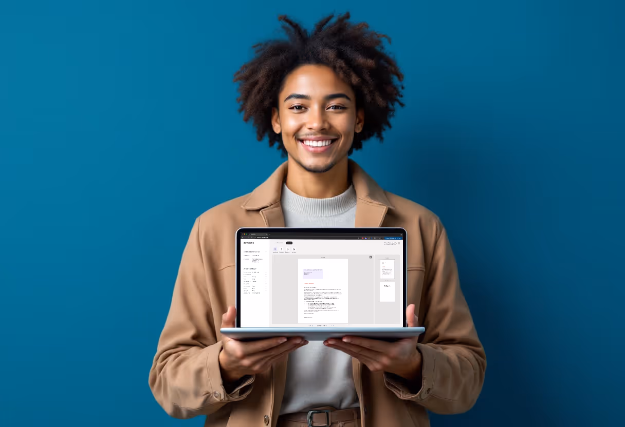Eine Privatperson hält einen Laptop in den Händen, der die Nutzeroberfläche der epostbox zeigt in der man private Dokumente digital erstelle und versendet