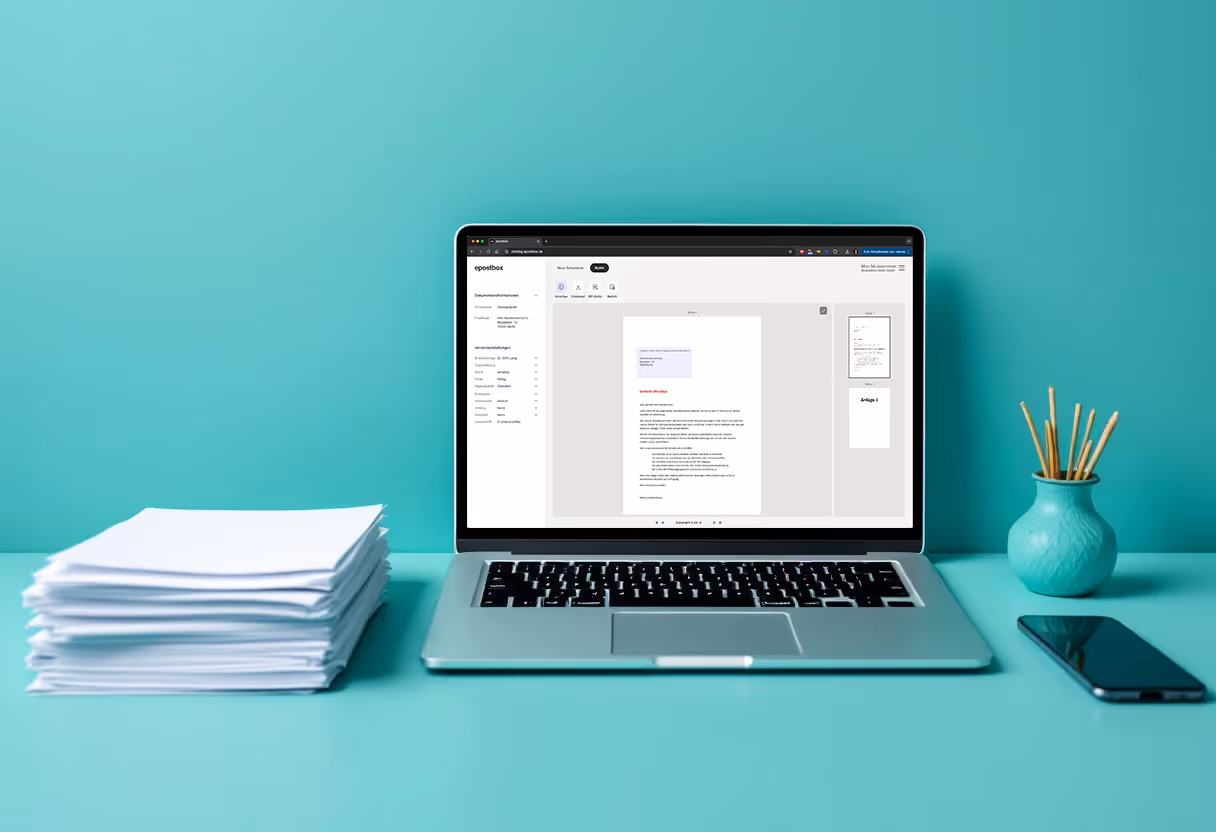 Ein Laptop steht auf einem Schreibtisch mit Handy und Briefen und zeigt die epostbox Nutzeroberfläche zum digitalen Versand von Dokumenten und Zustellung in Papierform