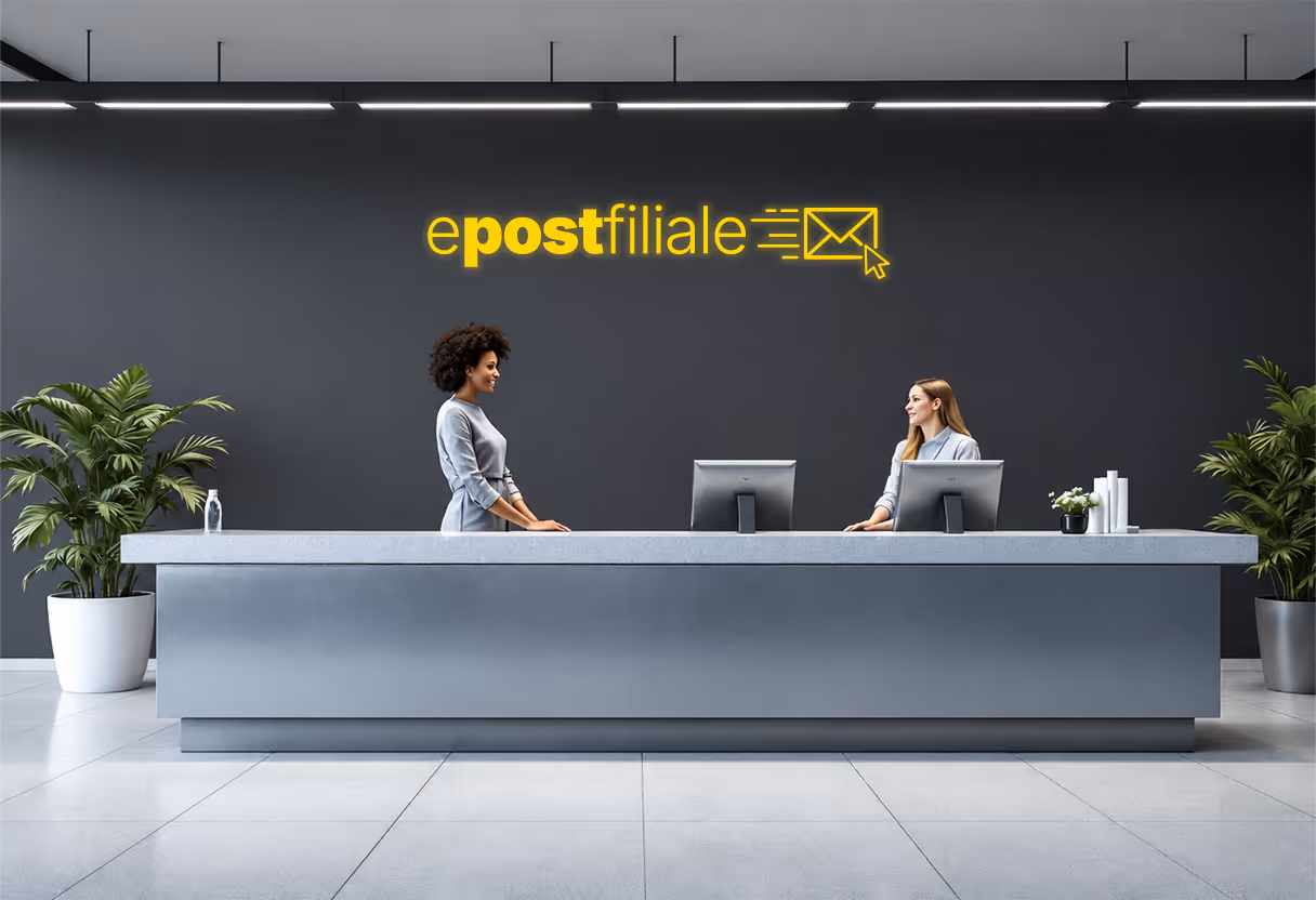 Zwei Menschen am Empfang der digitalen epostfiliale als Symbolbild für menschliche und persönliche Beratung und Service für digitale Dienste.