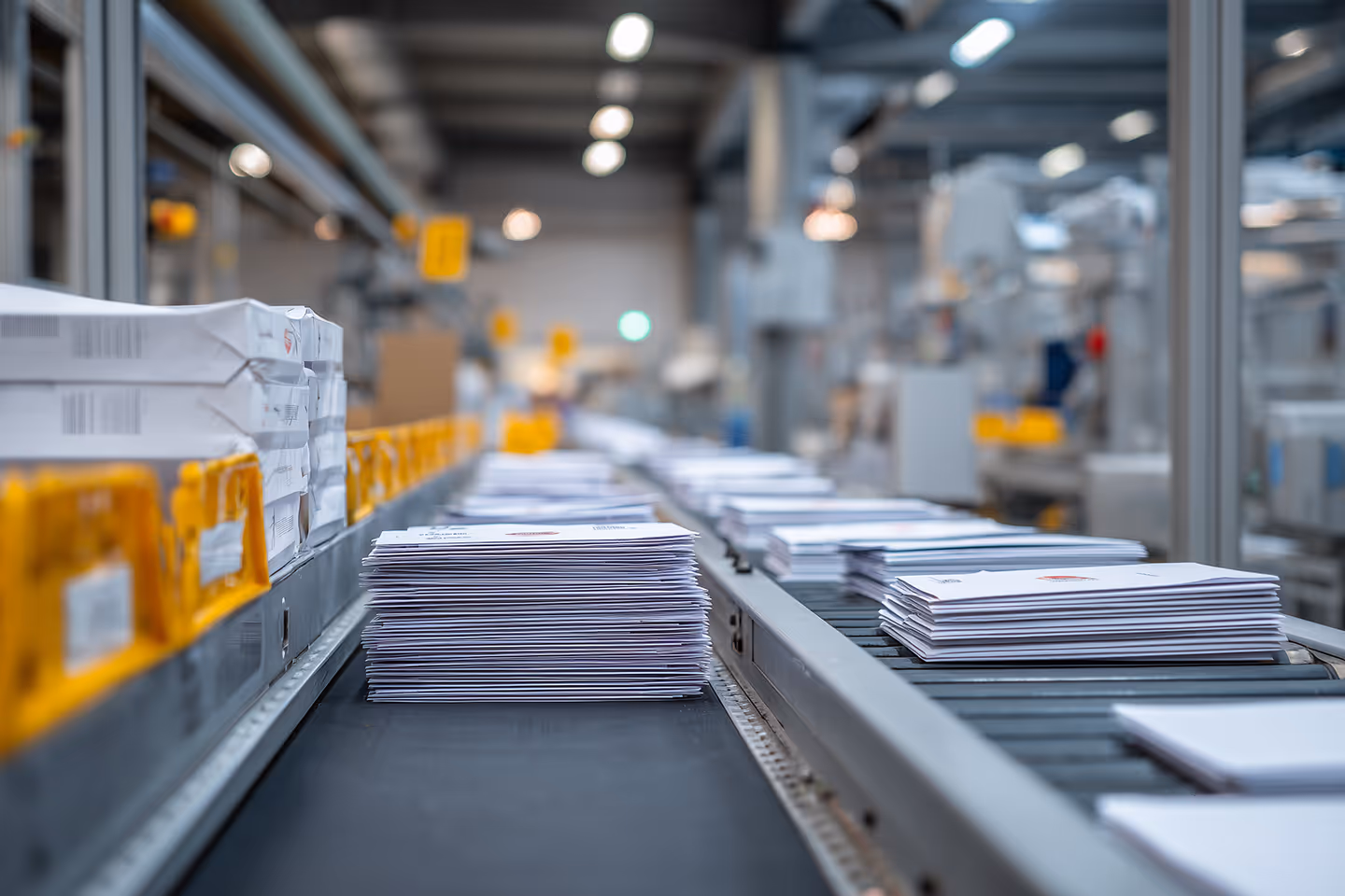 Stapelweise Geschäftspost in Standardformaten auf einer einer Produktionsstraße zur Sortierung von Geschäftsbriefen in Nahaufnahme