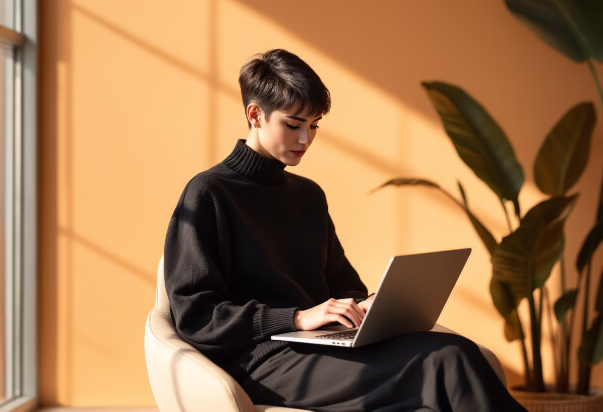 Eine Person sitzt in einem hellen, lichtdurchfluteten Raum mit dem Laptop auf dem Schoss und nutzt nolas für die digitale Kommunikation intern und extern