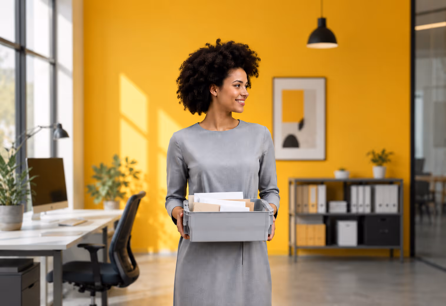 Eine Frau in einem Büro mit Schreibtisch trägt einen Postbehälter mit Briefen & Geschäftspost vor sich