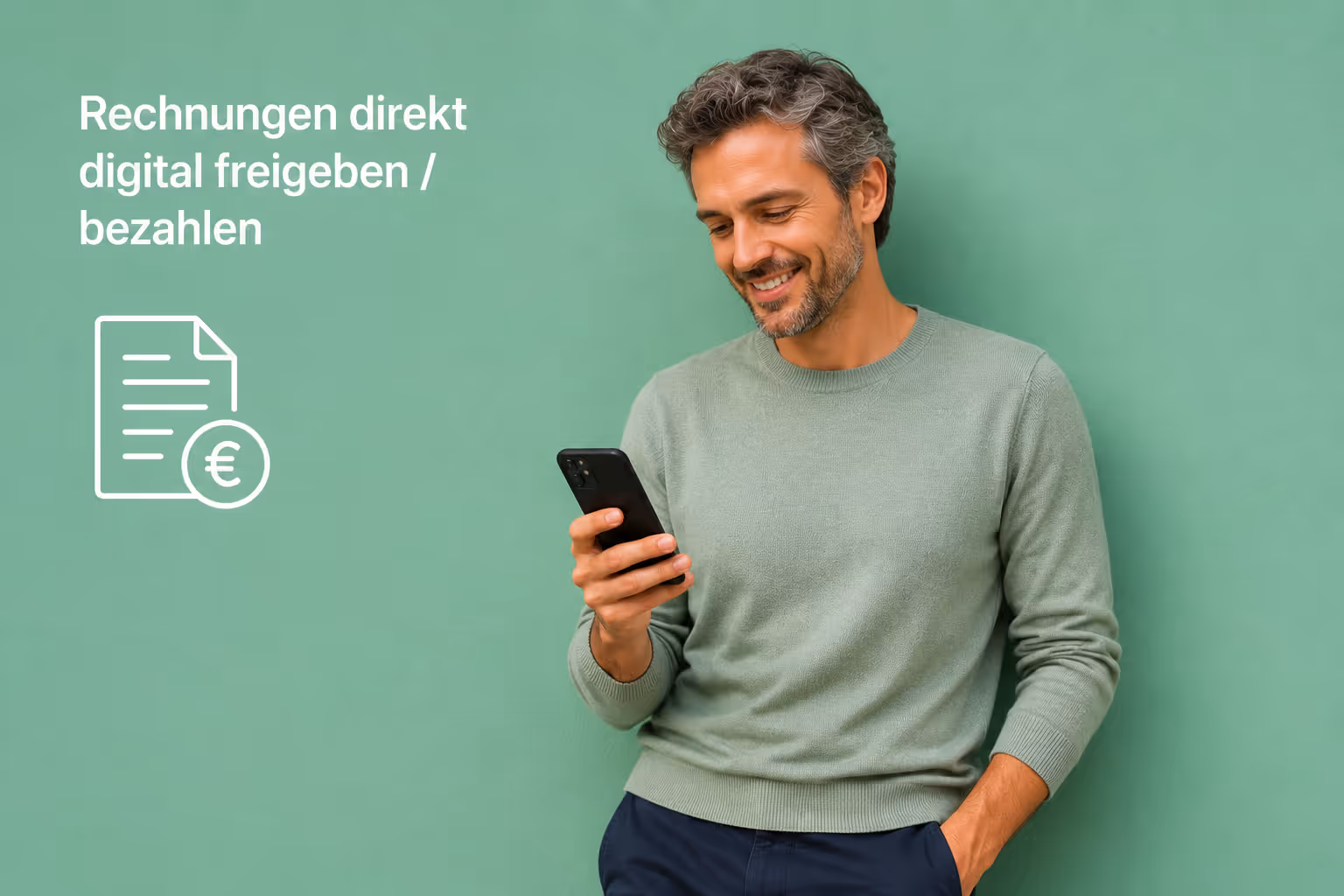 Eine Person in Nahaufnahme mit einem Smarphone in der Hand bezahlt Rechnungen aus der Post direkt via nolas und der Anbindung mit dem eigenen Bankkonto