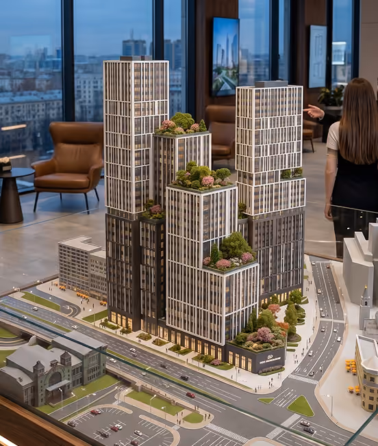 Scale model of a residential complex with towers, landscaped terraces, and surrounding streets.