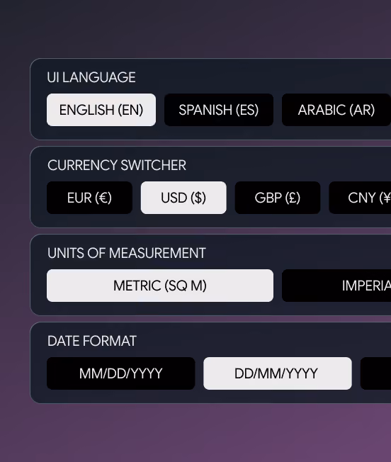 Interface settings for language, currency, measurement units, and date format.