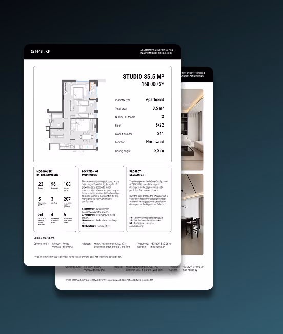 Pages from the sales brochure for the apartment, featuring the floor plan, specifications, and interior photographs.