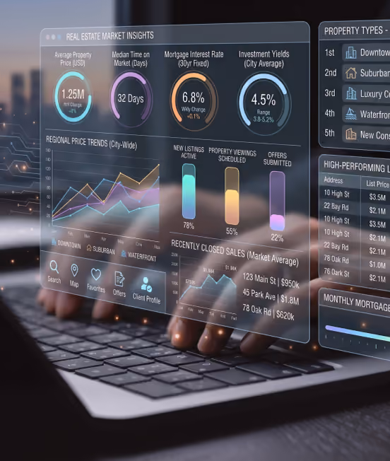 Real estate market analytics dashboard with charts for prices, time on market, and buyer activity.